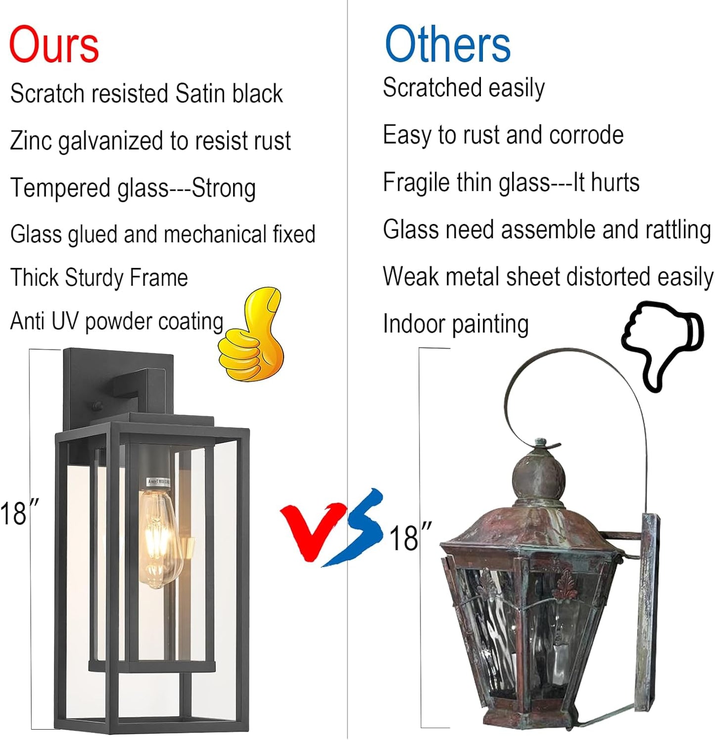 18" Outdoor Wall Light Fixtures Waterproofed Exterior Lantern W/Sturdy Rectangular Double Cage In Satin Black&Clear Tempered Glass,Sconce Mounted For House Patio,Front door,Porch,Garage Lighting 2Pack