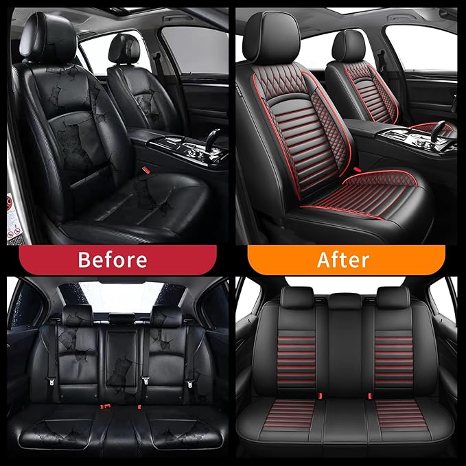 Fit Accord Car Seat Covers for Honda Accord 2003-2024 2025 2026 - Upgraded Premium Waterproof & Breathable Leather, Airbag Compatible, All-Weather Seat Cushion Protector (Full Set, Black+Red)