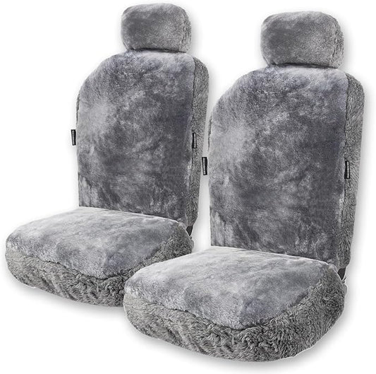 ZONETECH Sheepskin Seat Covers Fuzzy Car Seat Covers Grey Australian Merino Wool Fluffy Fur Auto Accessories All Season Protection for Your Seats Universal Fits Most Car SUV Airbag Compatible 2- Pack