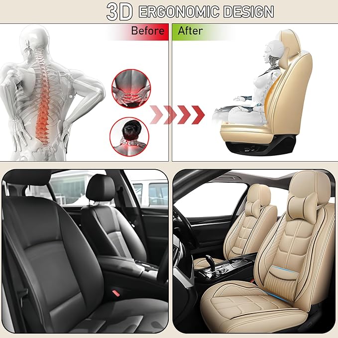 Leather Car Seat Covers Fit for Toyota Avalon Hybrid 2013-2024, 5 Seater Car Seat Cover, Premium Waterproof, Scratch Resistant Car Interior Accessories (Full Set with Pillow Beige)