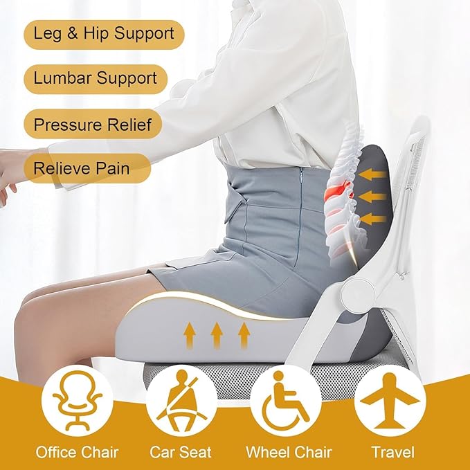 L-Shaped Memory Foam Seat Cushion with Lumbar Support-Ergonomic Car & Office Chair Cushion for Sciatica, Coccyx & Back Pain Relief Supports Hips & Back for Drivers & Long Sitting (Light Grey)