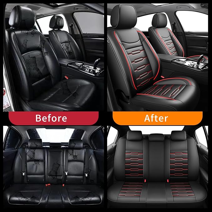 Fit Fj Cruiser Car Seat Covers for Toyota Fj Cruiser 2007-2013 2014-Upgraded Premium Waterproof & Breathable Leather, Airbag Compatible,All-Weather Seat Cushion Protector (Full Set, Black+Red)