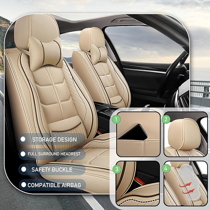 Leather Car Seat Covers Fit for Toyota Corolla Hatchback 2019-2024, 5 Seater Car Seat Cover, Premium Waterproof, Scratch Resistant Car Interior Accessories (Full Set with Pillow Beige)