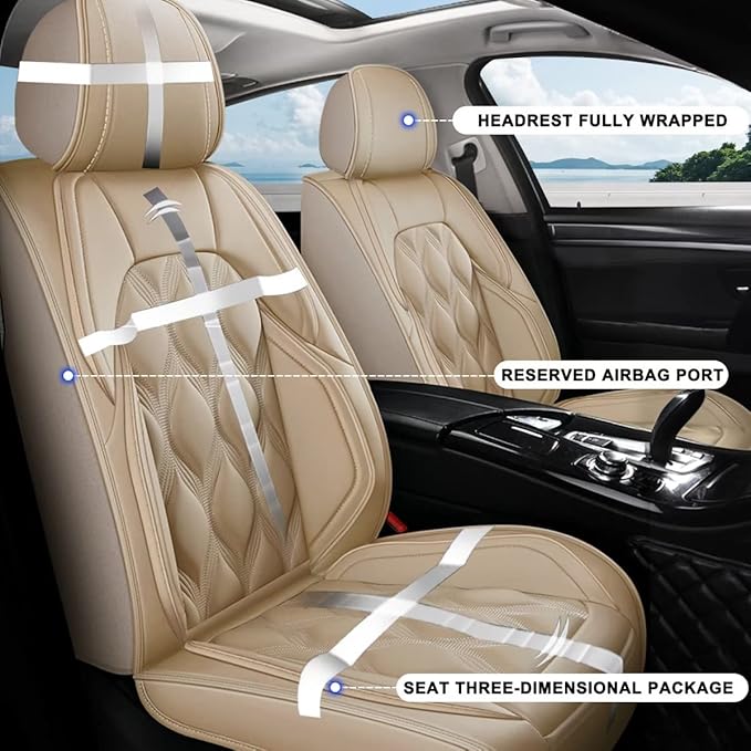 AOMSAZTO Car Seat Cover 2 Front Seat Fit for Ford Maverick 2022-2025 2026 XL, XLT, Lobo, Lariat, Tremor Model Leather Automotive Car Seat Cushion Protector Compatible Airbag Waterproof (2 Seats,Beige)