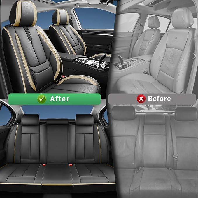 Fit Accent Car Seat Covers for Hyundai Accent 2006-2025 2026 -Upgraded Premium Waterproof & Breathable Leather,Airbag Compatible,All-Weather Seat Cushion Protector,Full Set,Black-Beige