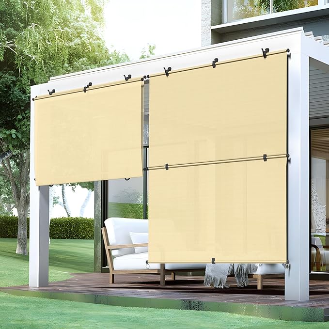 Bynbbur 6'W x 10.5'H Outdoor Patio Shades Foldable Roller Blinds, 220 GSM Sun Shade Roll Up Porch Screens Exterior Shade Cloth for Deck Pergola Backyard, Beige