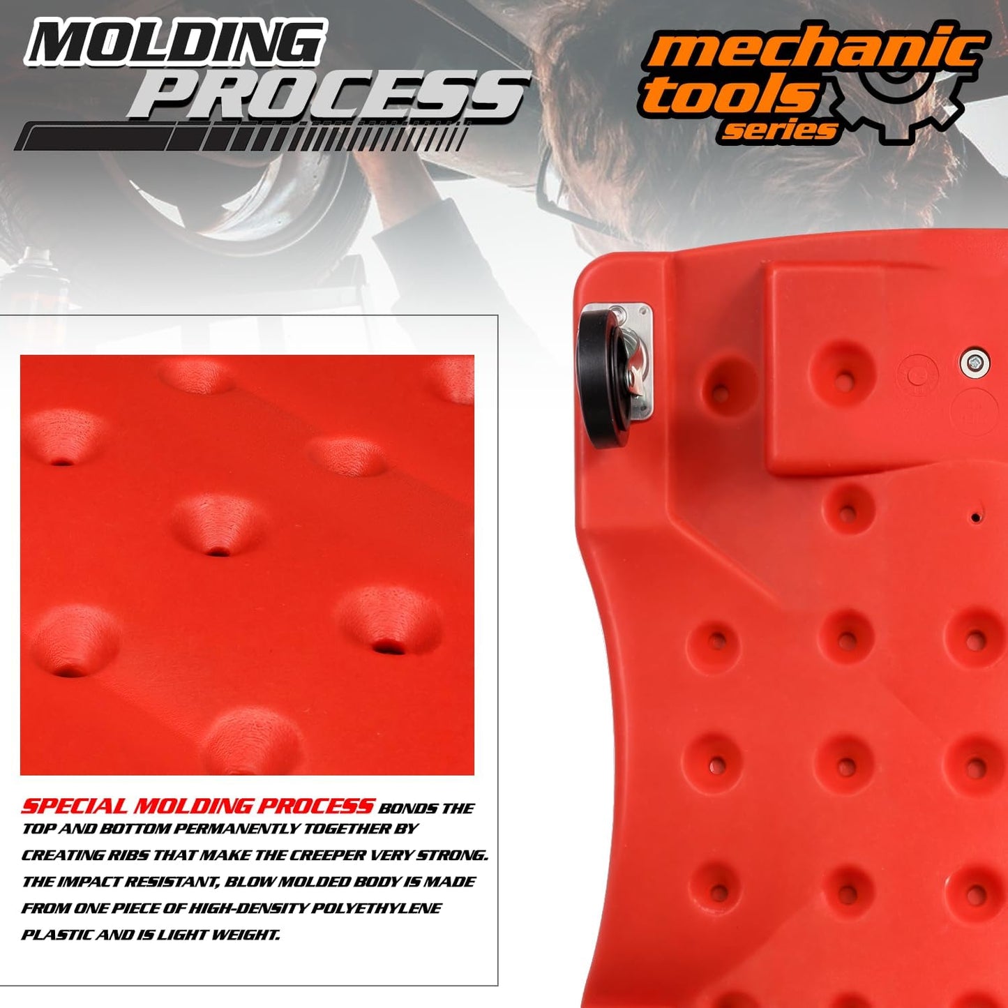 M-AUTO Mechanic Roller Creeper with Padded Headrest, 40" Dual Tool Trays Rolling Creeper for Garage Shop Auto Work Repair, Noiseless Swivel Casters, Red