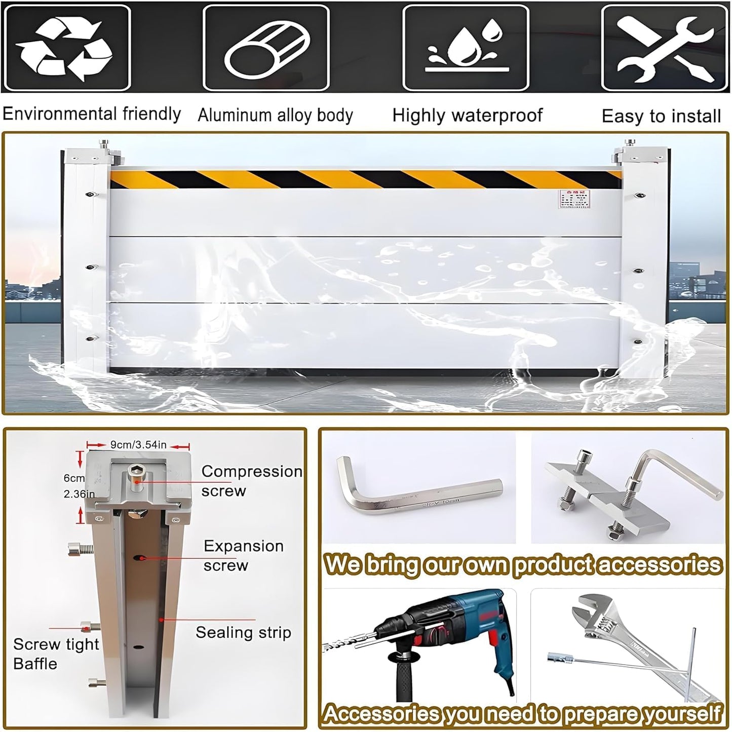 Flood Barriers for Home Exterior - Aluminum Alloy Outdoor Easy Flood Barrier Garage Doors Water Barriers for Flooding,H55 Inch/L16.5FT