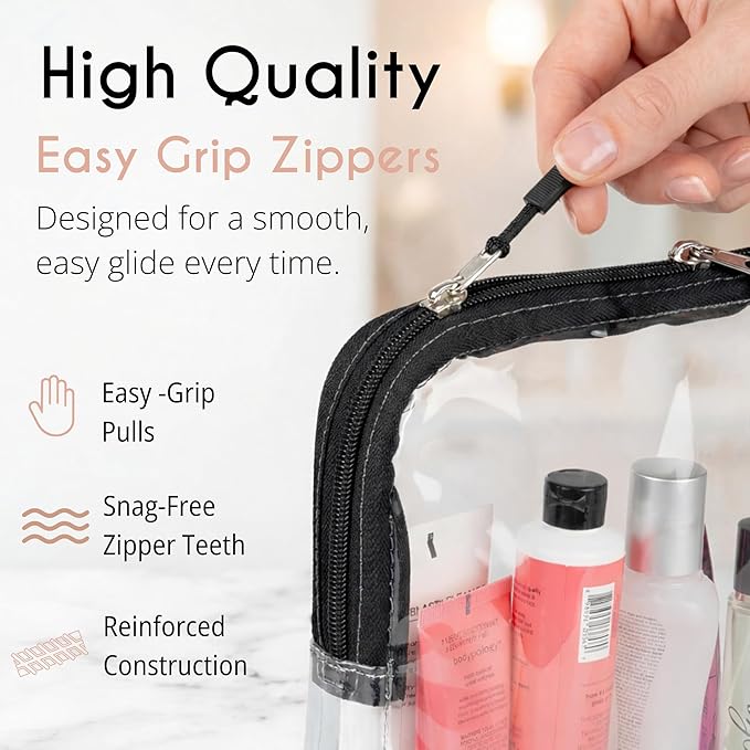 BORSALI TSA Approved Toiletry Bag - Clear Quart Size for 3-1-1 LIquids for Carry On Travel - Toiletries Organizer - Cosmetic Pouch with Zipper - Travel Accessories - Set of 3
