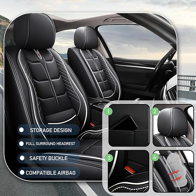 Leather Car Seat Covers Fit for Toyota Highlander 2001-2024, 5 Seater Car Seat Cover, Premium Waterproof, Scratch Resistant Car Interior Accessories (Full Set Black White)