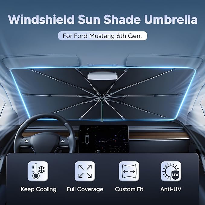 Autorder Windshield Sun Shade Umbrella for 2015-2023 Ford Mustang Accessories,Upgraded Ice Crystal Material,Easy Setup Umbrella Sunshade for Car Windshield,100% Sun Blocking