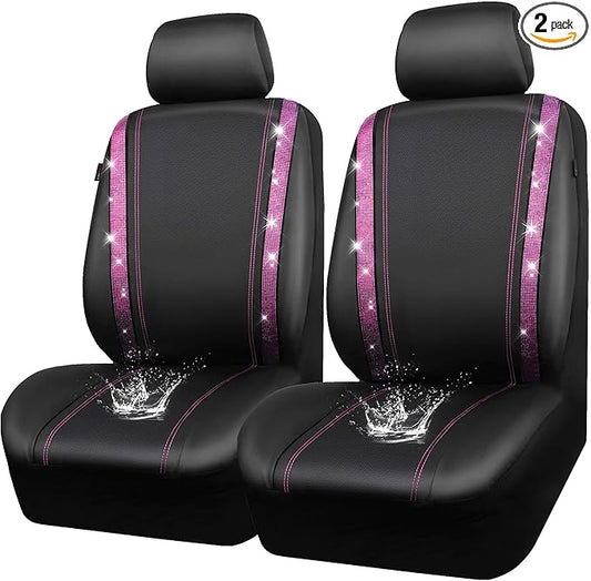 CAR PASS Leather Bling Diamond Car Seat Covers 2 Front Interior Sets, Waterproof Universal Shining Glitter Crystal Sparkle Fit for Automotive Truck SUV Cute Women Girl, Black Pink Rhinestones