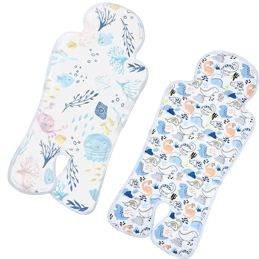 Pinkunn 2 Pcs Gel Car Seat Cooling Pad for Baby Summer Breathable Ice Cushion Multifunctional Ice Stroller Cooler Mat for Stroller Baby Dining Chair Child Safety Seat(Vibrant Color,Dinosaur, Sea)