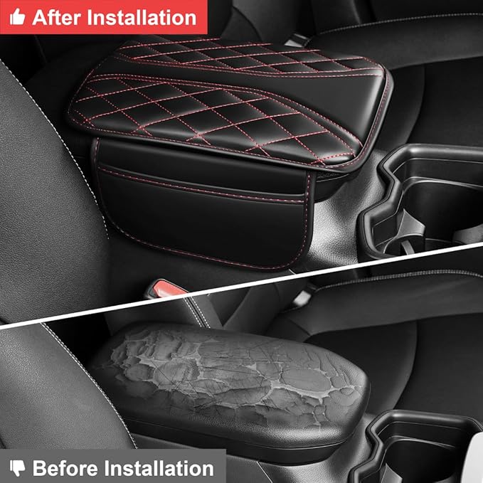 Center Console Cover Fit for RAV4 Scratch & Wear Resistant Waterproof Middle Console Cover with 2 Storage Bags(Black&Redline)