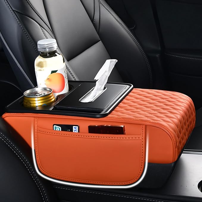 5-in-1 Car Armrest Pad Cushion, Water Ripple Embossed Center Console Booster Pad with Tissue Box, Cup Holder, Storage Bag, Phone Slot, Fit for Most Sedan Vehicles (Water Ripple Series, Black-Red)