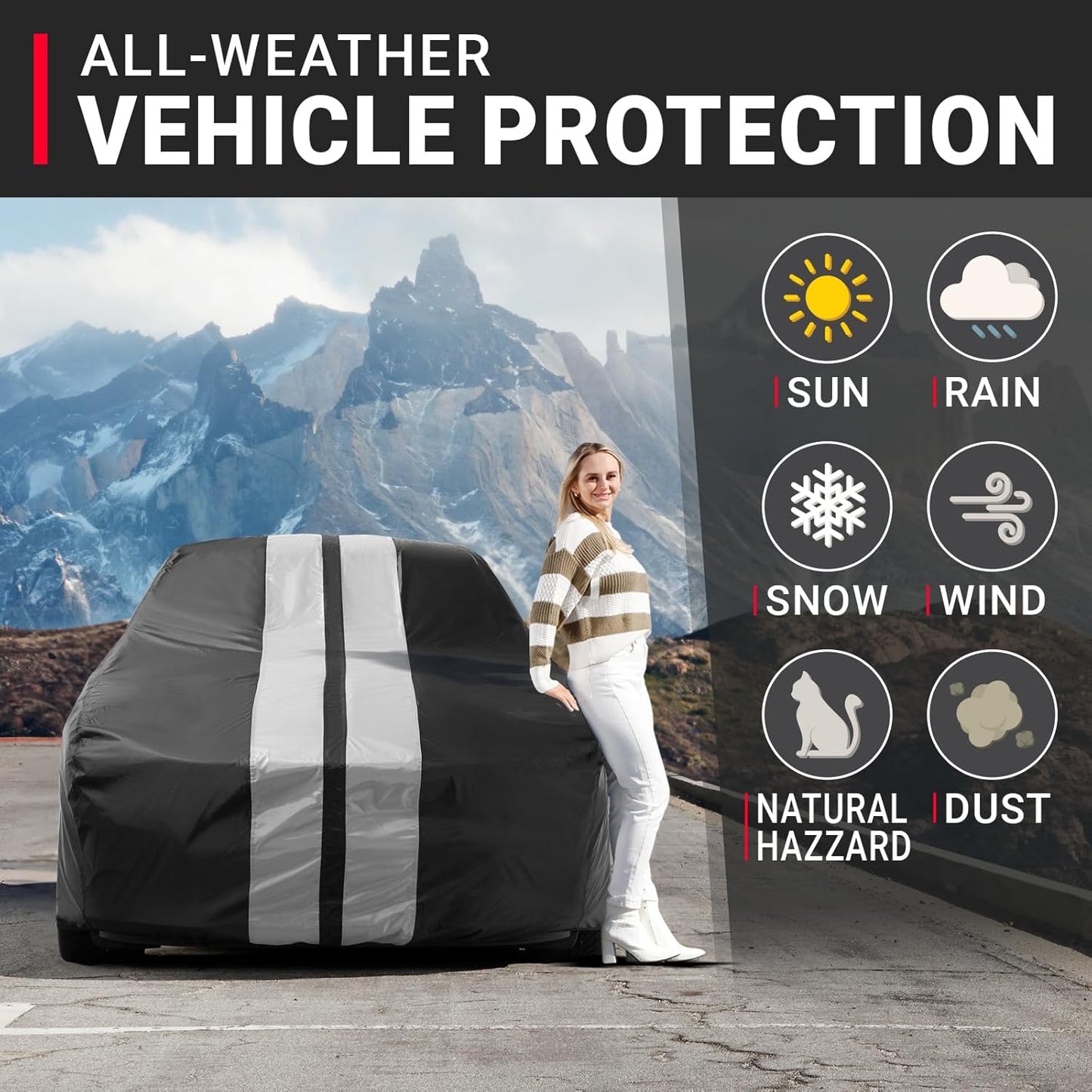 iCarCover Custom Car Cover for 2020-2025 Chevy Corvette C8 with High Wing Spoiler Waterproof All Weather Rain Snow UV Sun Protector Full Exterior Indoor Outdoor Car Cover (Stripe - Black/Gray)