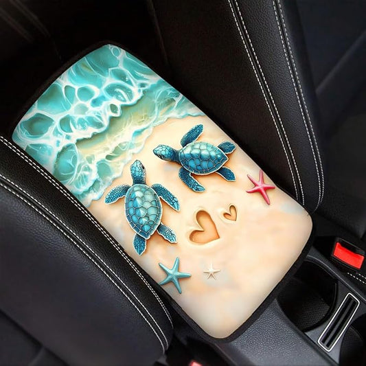 Suobstales Beach Turtle Starfish Heart Print Car Armrest Pad Soft Center Console Arm Rest Protector Cover Universal Car Interior Accessories Decoration