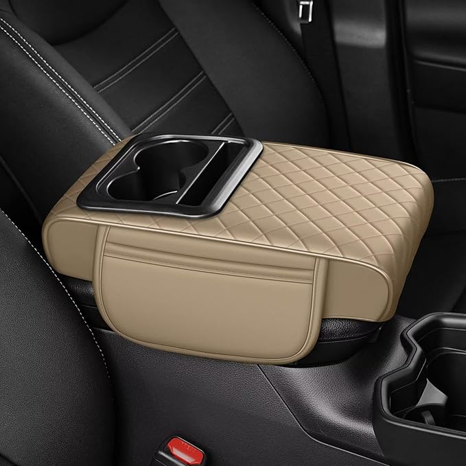 Center Console Cover Fit for Tacoma Faux Leather Car Armrest Cushion with Storage Bags, Cup Holder ＆ Phone Storage Multifunctional Middle Console Cover(Beige)