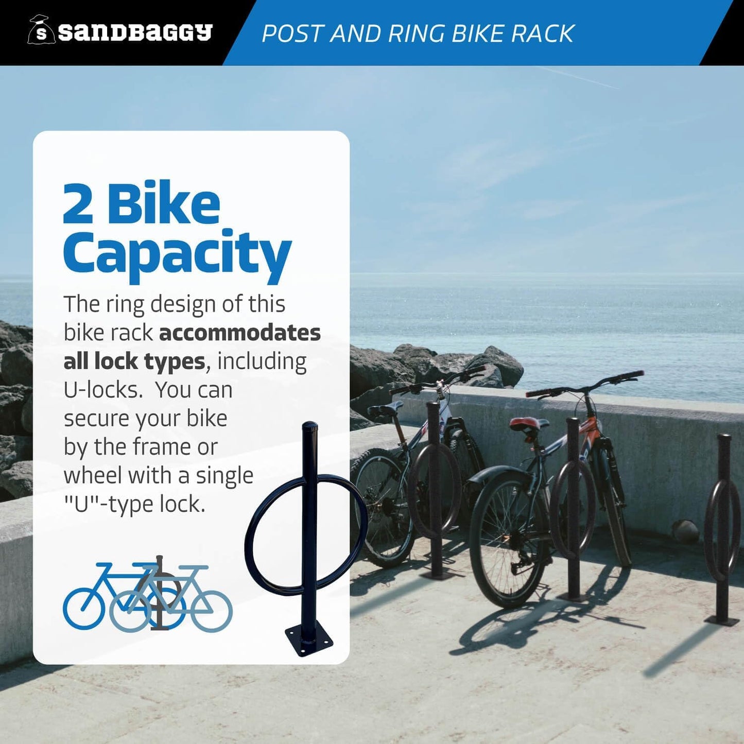 Sandbaggy Post and Ring Bike Rack - Commercial Bike Racks - Galvanized Steel - Anti-Theft Design - In Ground, Apartments, Sidewalks, Industrial (Blue, 10)