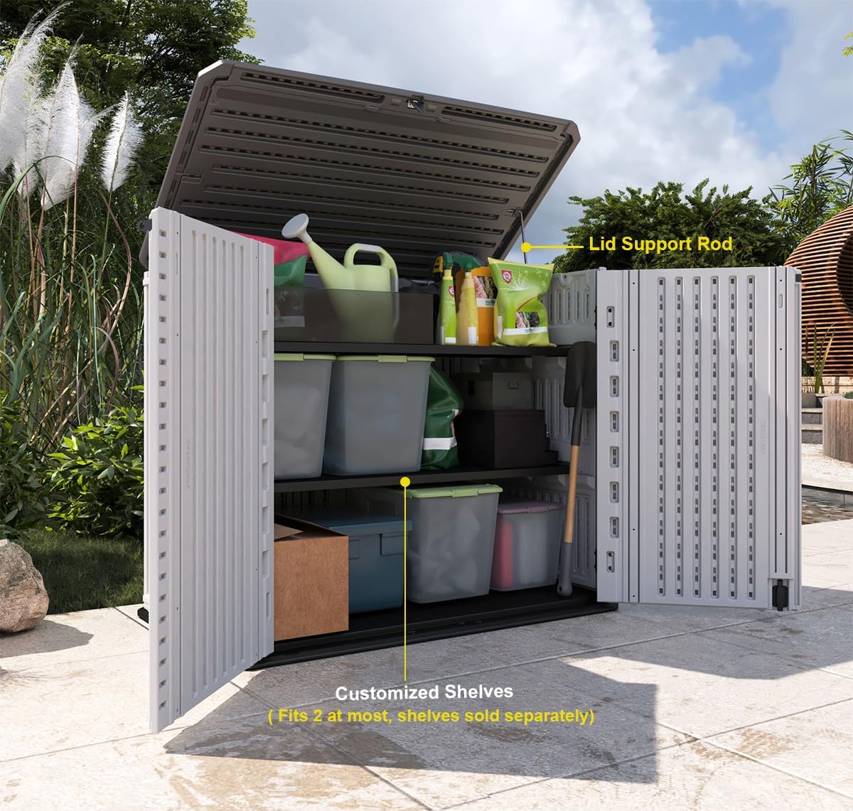 KINYING Outdoor Storage Shed - Horizontal Storage Box Waterproof for Garden, Patios, Backyards, Multi-Opening Door for Easy Storage of Bike, Garbage Cans, Tools, Lawn Mower, Off-White, 26 Cubic Feet