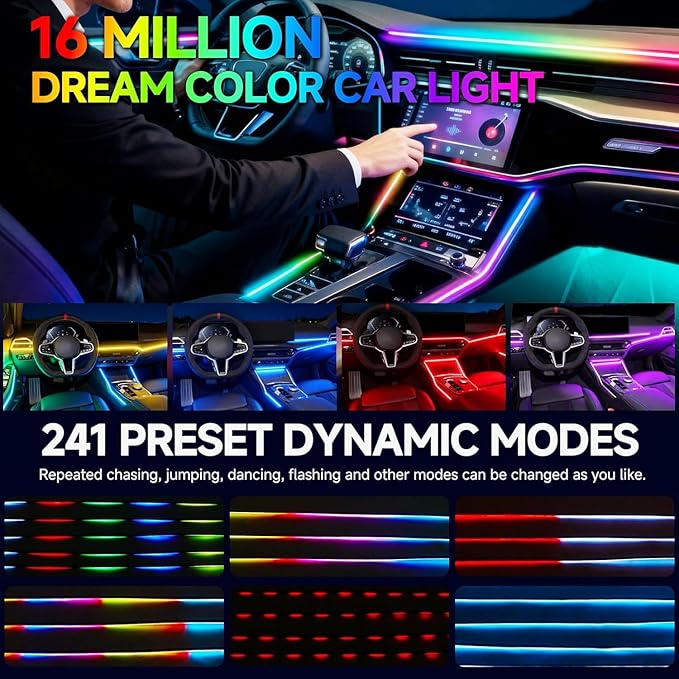 Acrylic Interior Car LED Strip Light with APP Remote Control,57in 2 in 1 USB RGB Dreamcolor Neon Flexible Strip Fiber Optic LED Ambient Lighting Kits,RGB Music Lights Sync for Inside car Decorations