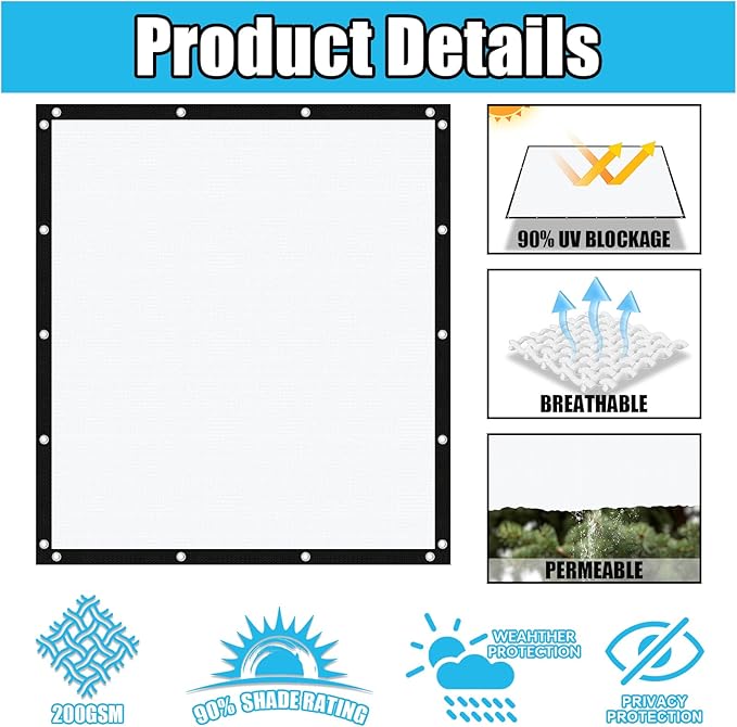 Amagenix 90% Pergola Shade Cover 7' X 7' Sun Shade Cloth with Grommets for Outdoor Garden Patio Porch, Commercial Grade 200 GSM - Cable Zip Ties Included (We Customized) GN108, White
