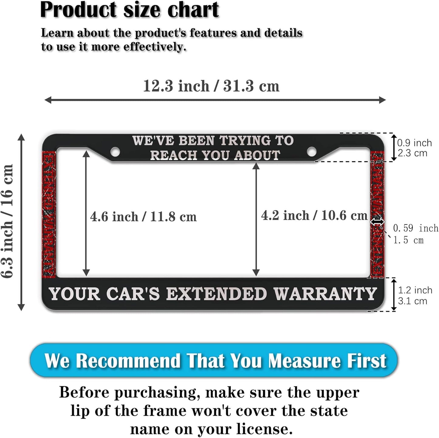 License Plate Frames Black and White License Plate Cover Car’s Extended Warranty Humorous Text Aluminum Metal Car Accessory 2 Pack with Screw Covers Set