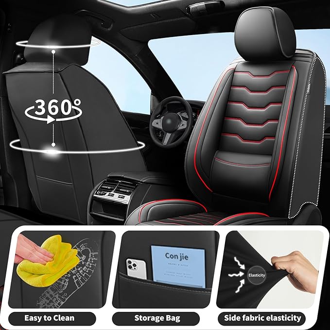 Fit Frontier Car Seat Covers Compatible with Nissan Frontier 2010-2025 2026 - Premium Leather， Waterproof， All-Weather Seat Cushion Protecto&Airbag Compatible (2 Front Seat Red Line Black)