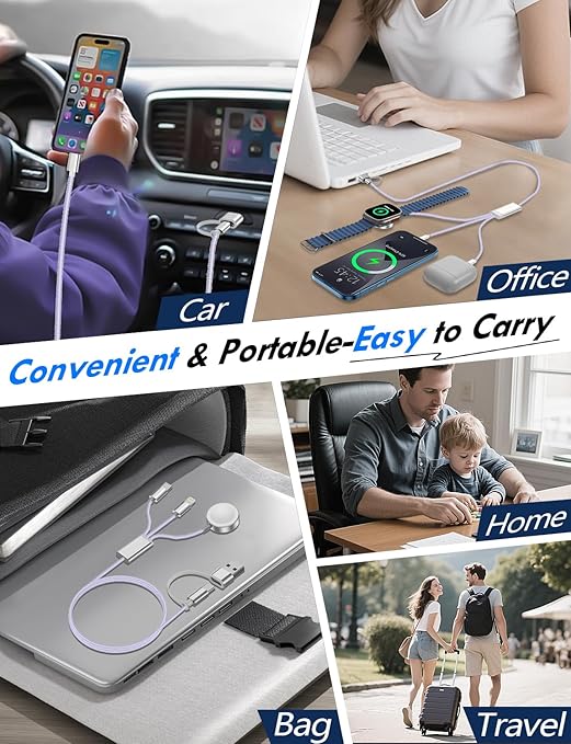 1Pack Multi Charging Cable Cord for Travel Essentials,Apple Watch Charger,iPhone Charger,[3-in-2] Type C/L Cable Portable Designed for iWatch,iPhone 17-8,Galaxy S25-21,AirPods,iPad-4FT Purple