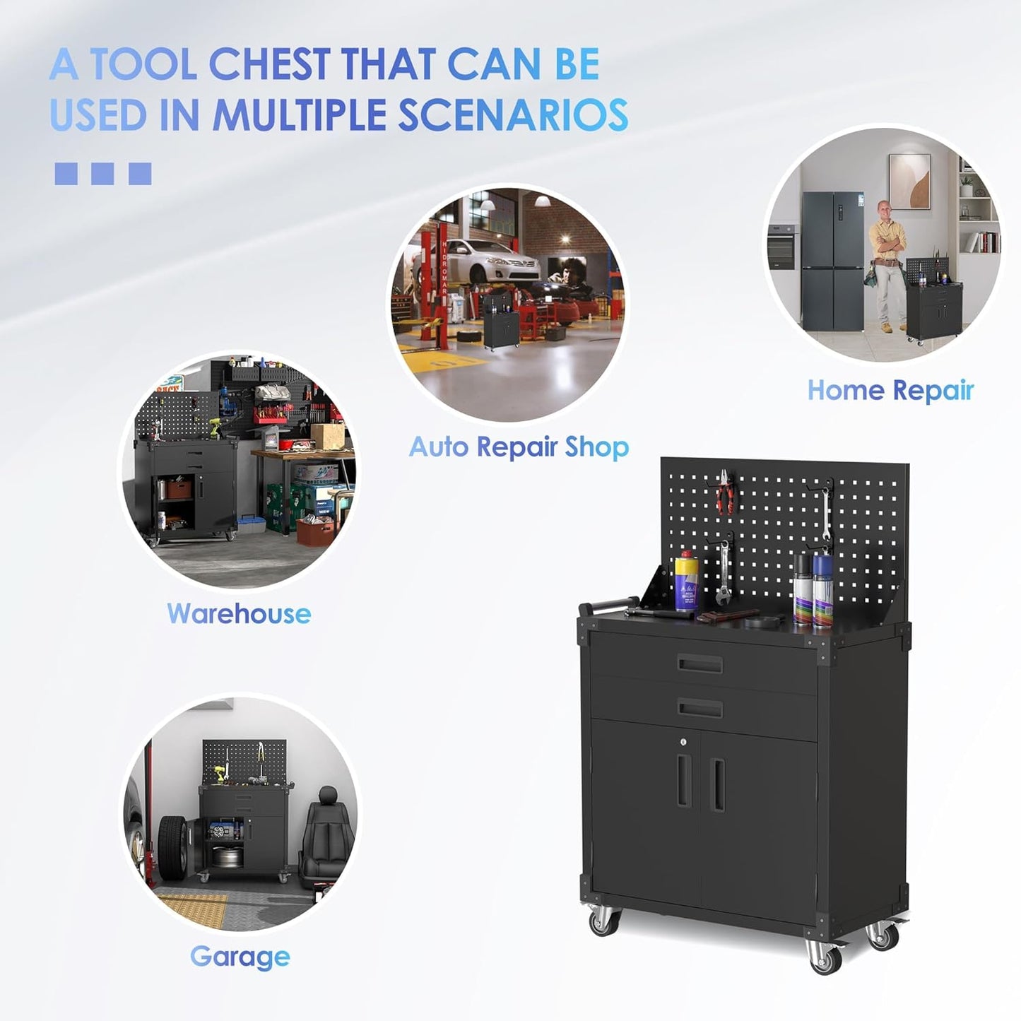 Black Tool Cart with Pegboard and 4 Hooks,Garage Storage Cabinet on Wheels with 2 Drawer,Industrial Service Utility Tool Cart for Mechanics, Garage, Workshop