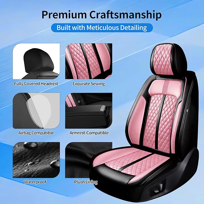 Fit RAV4 Car Seat Covers for Select Toyota RAV 4 2013-2026 /RAV4 Hybrid - Premium Full Coverage Leather, Waterproof & All Weather Seat Cushion Protector, Full Set, Black+Pink