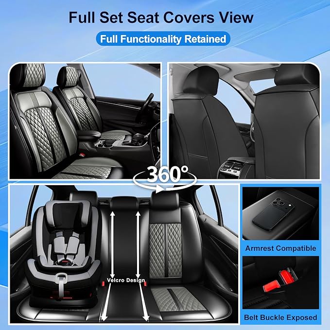 Fit Impala Car Seat Covers for Chevrolet/Chevy Impala 2000-2020, Premium Full Coverage Leather, Airbag Compatible, Waterproof All Weather Breathable Seat Protector, Front Pair Black+Gray