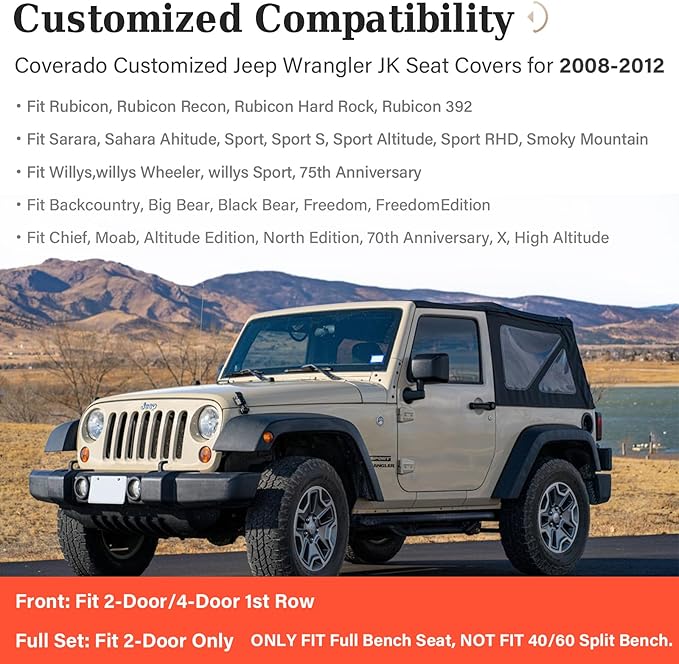 Coverado Wrangler JK Seat Covers for Jeep, Full Coverage Front Waterproof Leather for Cars Automotive Truck Custom Fit for 2008-2012 Jeep Wrangler 2-Door/4-Door (Blue)