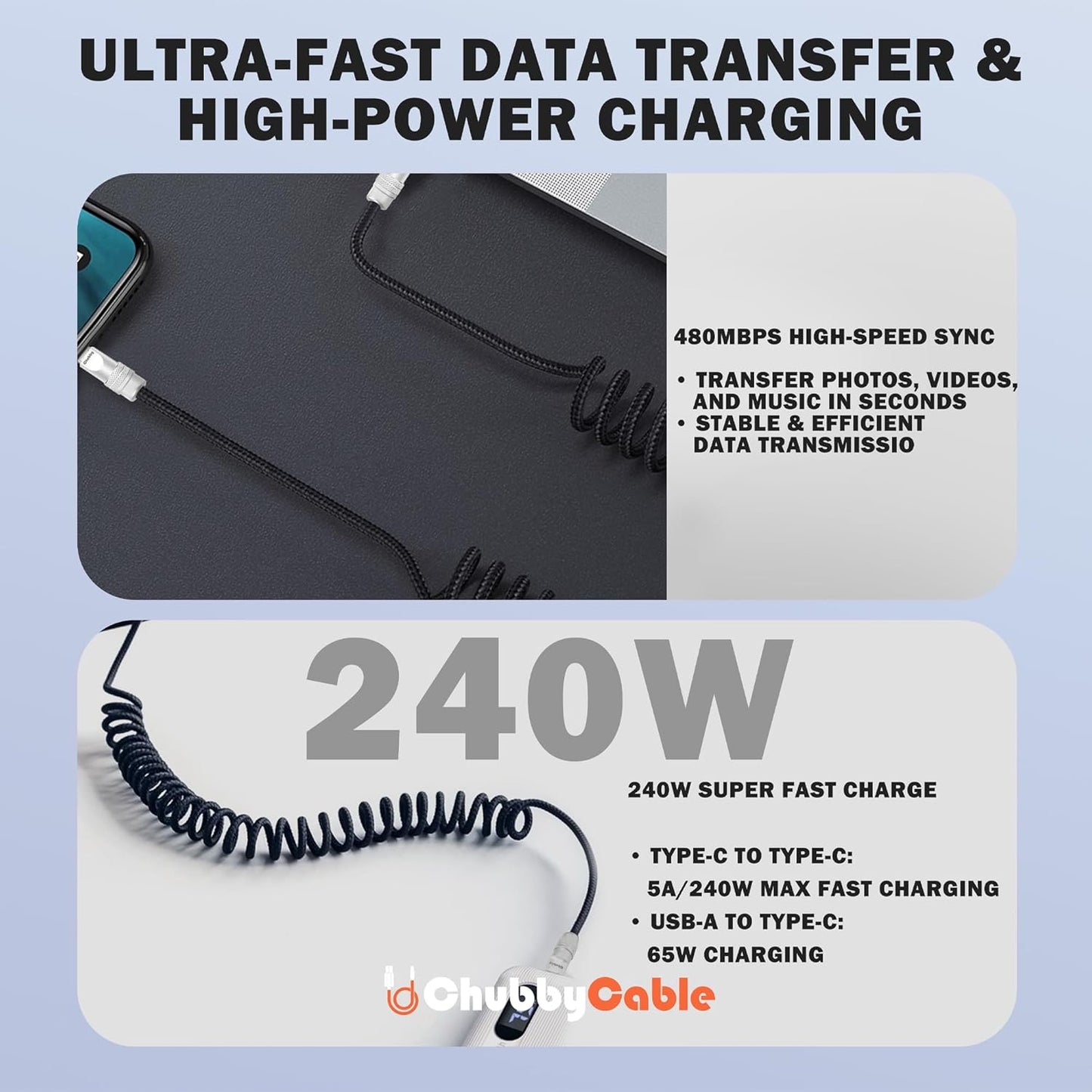 chubbycable Curly Chubby - Retractable Fast Charging Cable 240W Coiled Charger Cord for Car Durable USB-C Cable for Phones, Tablets and More, Red+Red, Type-C to Type-C, 1.3FT-2.3FT