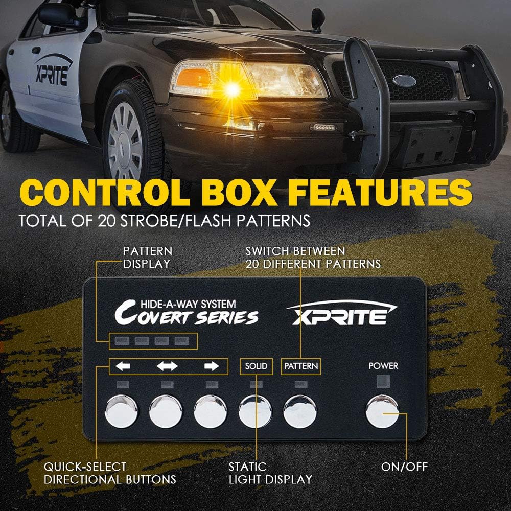Xprite Amber LED Hideaway Strobe Lights Kit 20 Flashing Patterns w/Control Panel Headlights Taillights Fog Marker Light Mounting, for Construction Emergency Vehicles Trucks SUV Vans 12V Cars 4 PCs