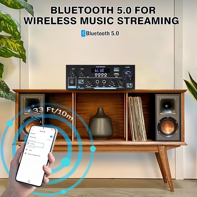 AK55 Bluetooth 5.0 Amplifier Home Audio, 2.0 Channel Max 450W Power Stereo