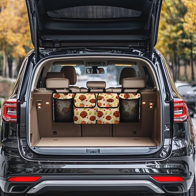 Thanksgiving Turkey Pumpkins Trunk Organizer, Collapsible Multi Pocket Car Organizer, Foldable SUV Storage Bag Car Accessories for Women Men, 3 Adjustable Straps