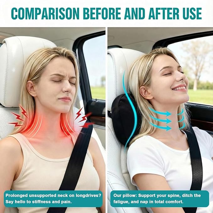 2PCS Car Pillow for Car Neck Pillow for Driving Seat Neck Support Soft Cushion Back Support Head-Rests for Vehicle Sleeping with Elastic Adjustment Strap (Coffee, Head)