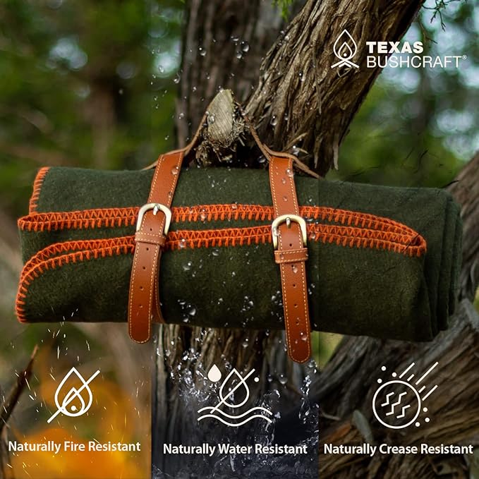 Texas Bushcraft Merino Wool Blanket for Camping Hiking and Backpacking – Water Fire Resistant Camp Car is Fast-Warming Durable with Double-Stitched Edging (66” x 90”) Burnt Orange
