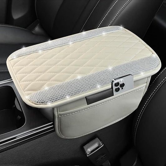 NBTEPEM Bling White Car Center Console Cover, Leather Car Arm Rest Cover with 2 Storage Bags, Universal Auto Armrest Protector Storage Box, Bling Accessories Interior for Most Vehicles