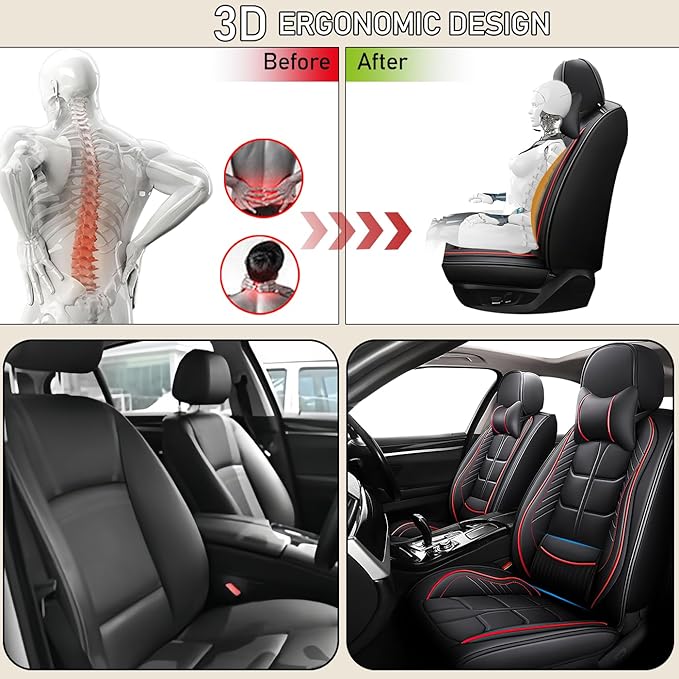 Leather Car Seat Covers Fit for Toyota Avalon Hybrid 2013-2024, 5 Seater Car Seat Cover, Premium Waterproof, Scratch Resistant Car Interior Accessories (Full Set with Pillow Black Red)
