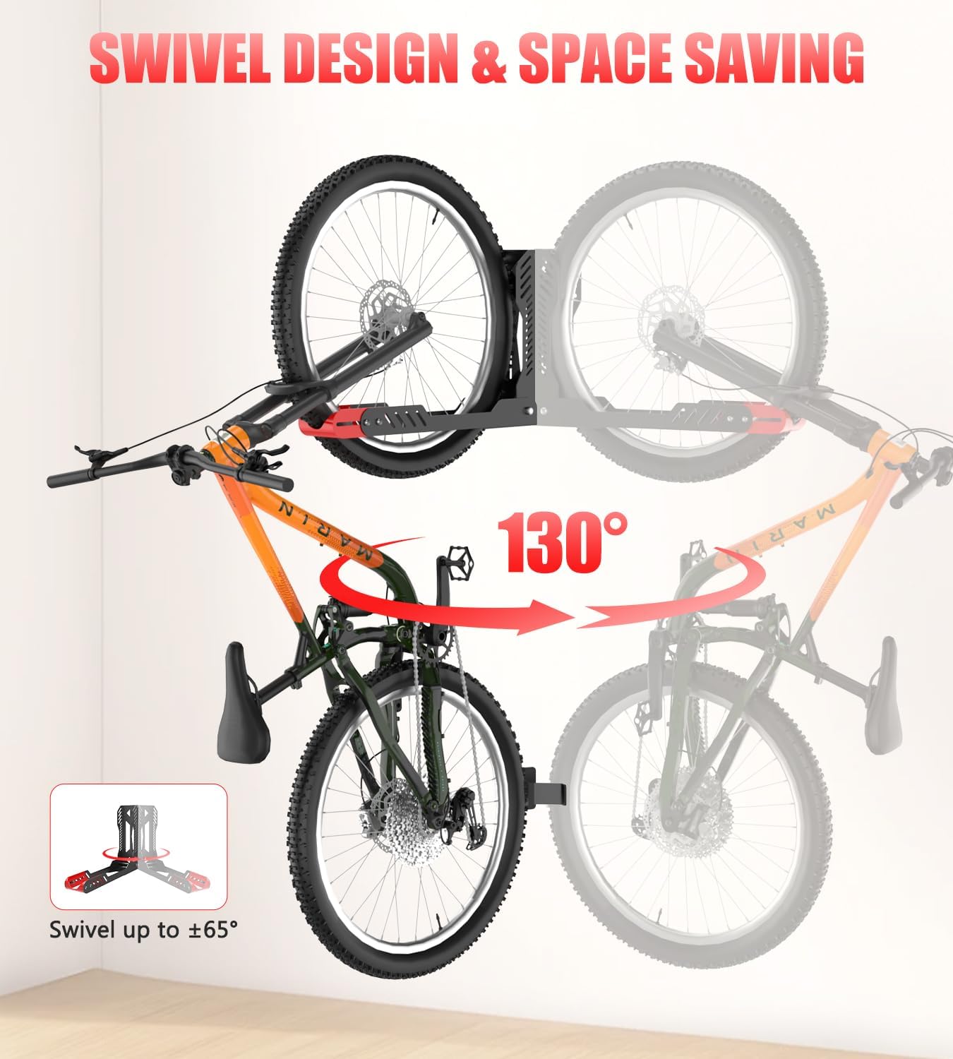 Bike Wall Mount 2 Pack Swivel Bike Rack for Garage, No Heavy Lifting Required Wall Bike Hangers Can Holds up to 77 lbs, Red