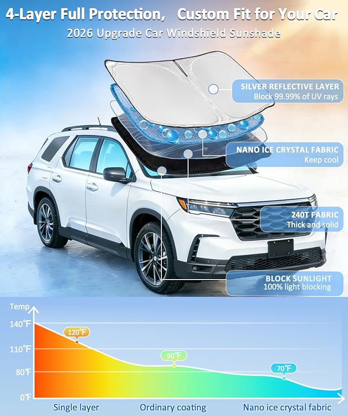 for Chevrolet Bolt EV Hatchback 2017-2026 Windshield Sun Shade - 4 Layers Car Sunshades for Front Windows Shade Cover Custom Fit Bolt EV Hatchback Sun Visor 250T Shade Blocks UV Rays Car Accessories