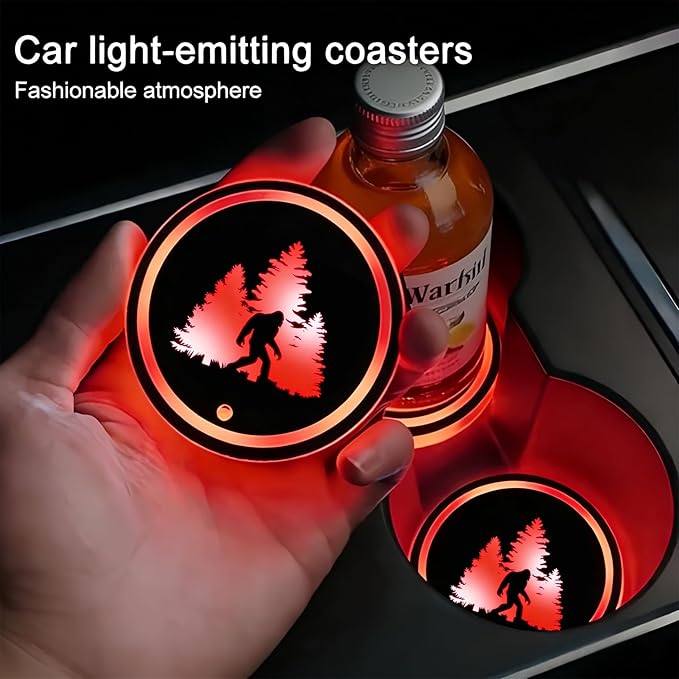 Bigfoot LED Cup Holder Lights for Car,2Pcs LED Light Up Cup Holder Coasters with 7 Colors 3 Modes,Waterproof Interior Atmosphere Lamp,Car Decor Accessories Big Foot Sasquatch Gifts for Women Men