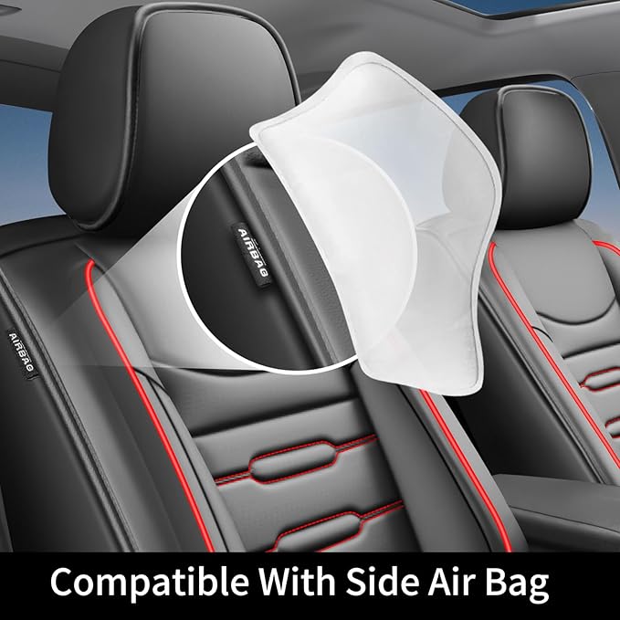 Fit Camry Car Seat Covers for Toyota Camry 2012-2024 2025 2026 - Upgraded Premium Waterproof & Breathable Leather, Airbag Compatible, All-Weather Seat Cushion Protector (2 Front/Black+Red)
