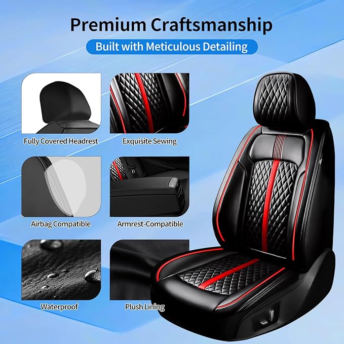 Fit Trax Car Seat Covers for Chevrolet/Chevy Trax 2015-2026 - Luxury Full Coverage Leather, Waterproof & All Weather Seat Cushion Protector, Airbag Compatible, Full Set, Black with Red Trim