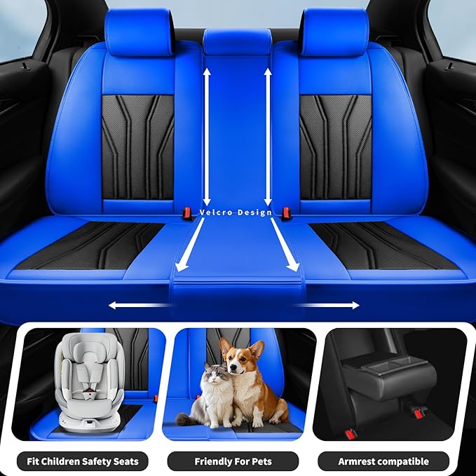 Fit Kona Car Seat Covers for Select Hyundai Kona 2018-2025 2026. Premium Leather, Waterproof， Breathable, Scratch-Resistant & All-Weather Seat Cushion Protector (Full Set, Blue&Black)