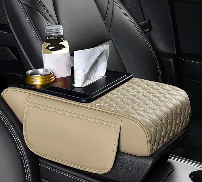 Car Armrest Center Console Cover for Lincoln MKX 2007–2018, Center Console Pad with Cup Holder, Multifunctional Armrest Cushion,E Beige
