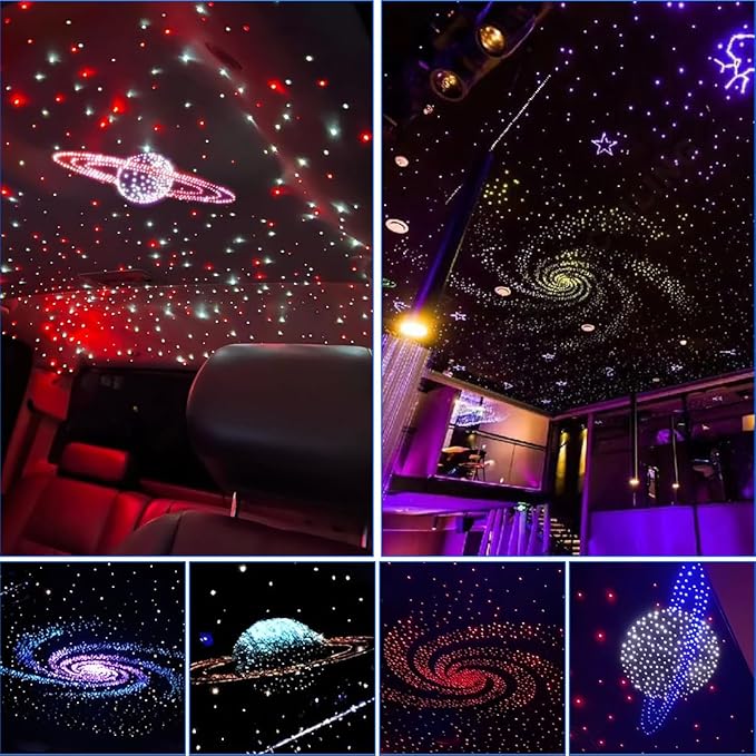 AKEPO 3.2W 6-Hole RGB Headliner Starlight Kit, APP Control Colorful Color Chasing 9.8ft 1080pcs*0.75mm/0.03in Optical Fiber Sound Activated Fiber Optic Lights for Car and Home