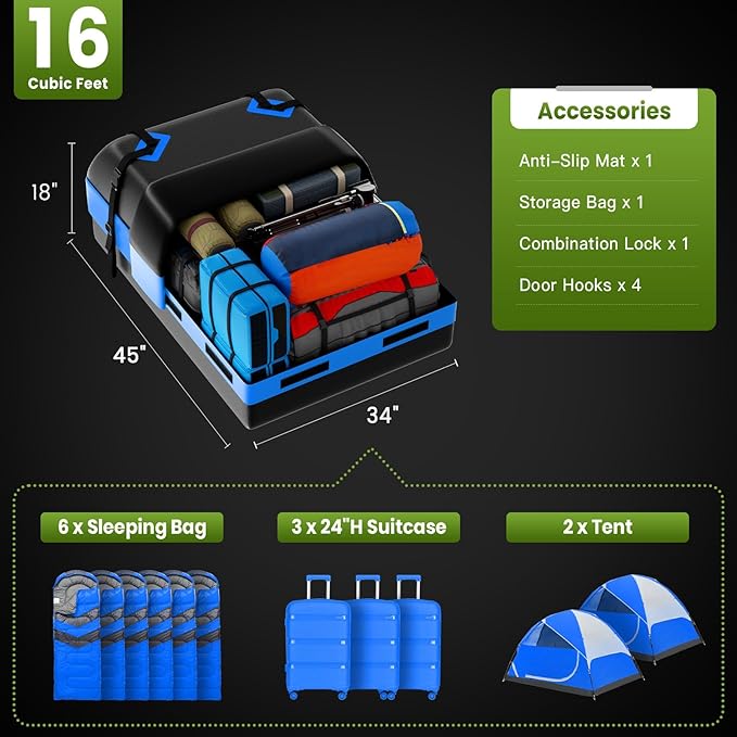 Car Rooftop Cargo Carrier Bag, 16 Cubic Feet Soft Roof Top Luggage Bag for All Vechicles with/Without Racks - with Waterproof Zip, Anti-Slip Mat, Door Hooks, Luggage Lock, Storage Bag